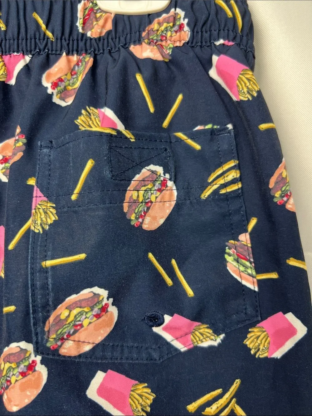 Abercrombie Kids Navy Blue Burger and Fries print swim performance casual shorts